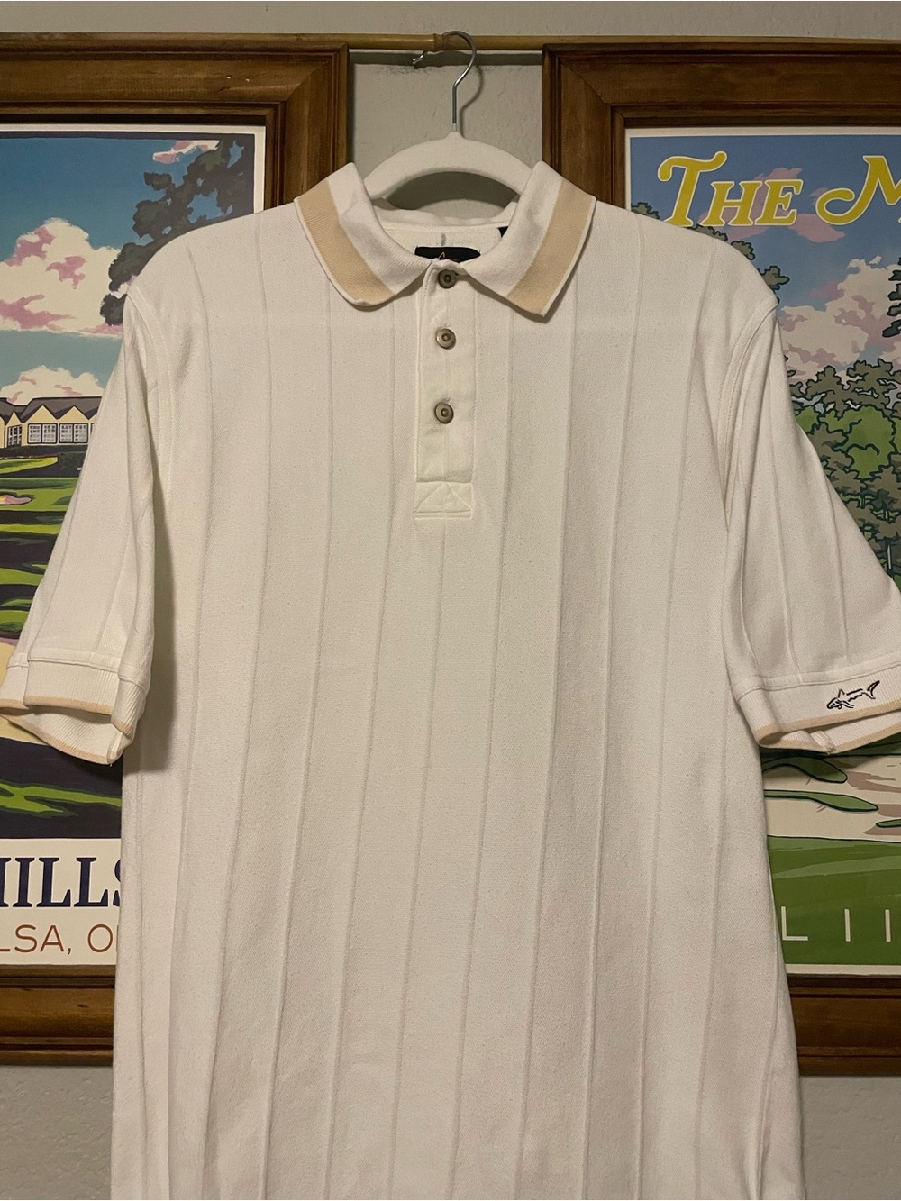 Vintage Greg Norman Collection Polo Shirt Men’s Medium White Ribbed Shark Logo G